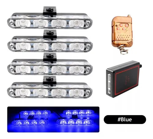 Set 4 Faros Led Azul Destellantes 12/24v Control Remoto Luxled
