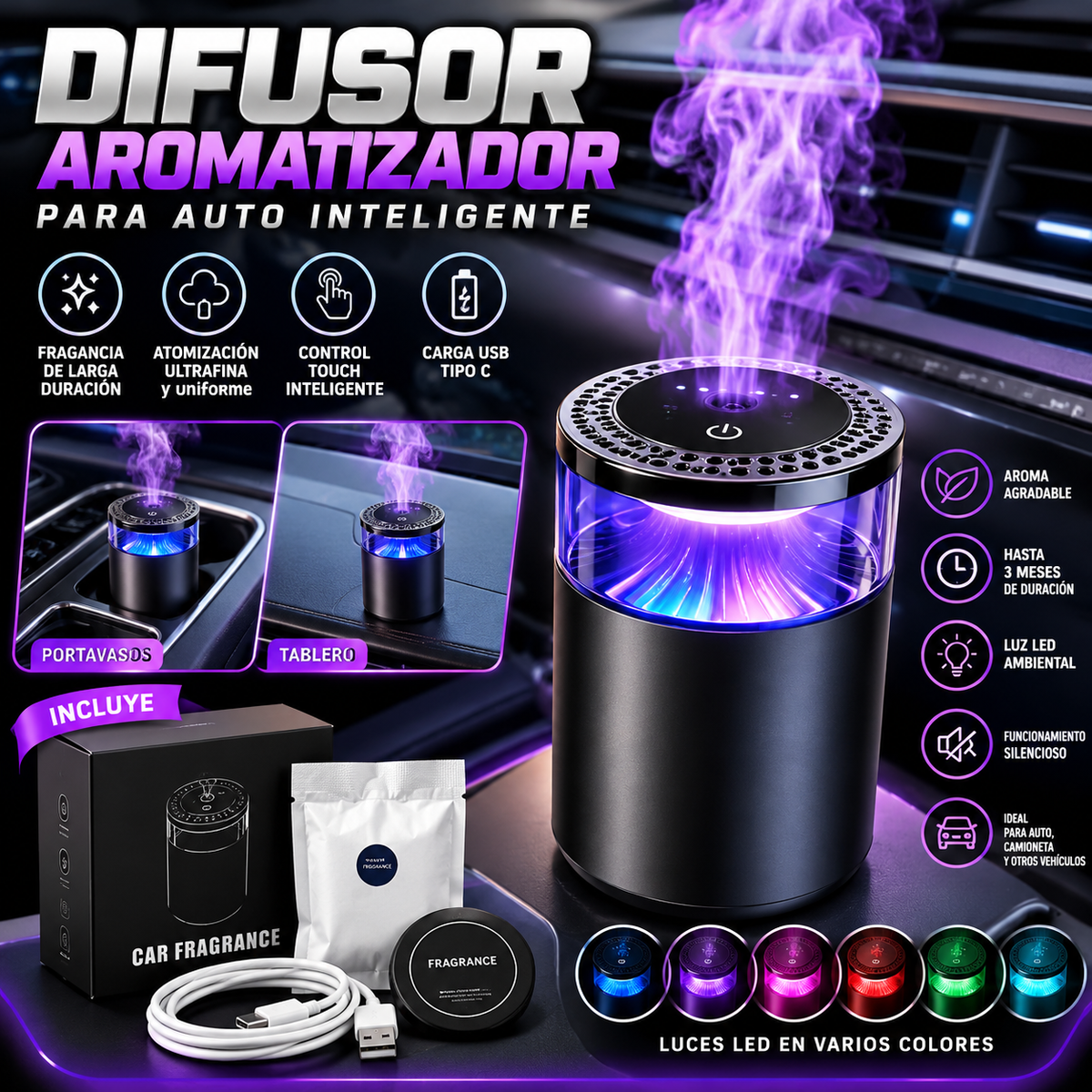 Difusor Aromatizador Inteligente para Auto Alta Duración 3 Meses