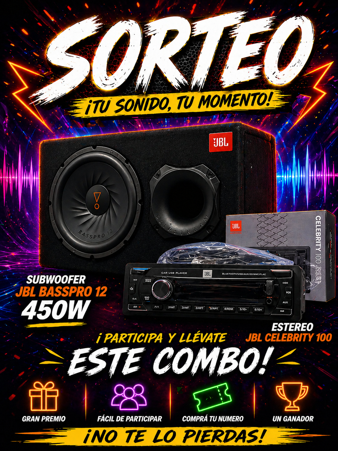 SORTEO🎉🎉Subwoofer JBL Pro Bass 12 450W + Estereo JBL CELEBRITY 100