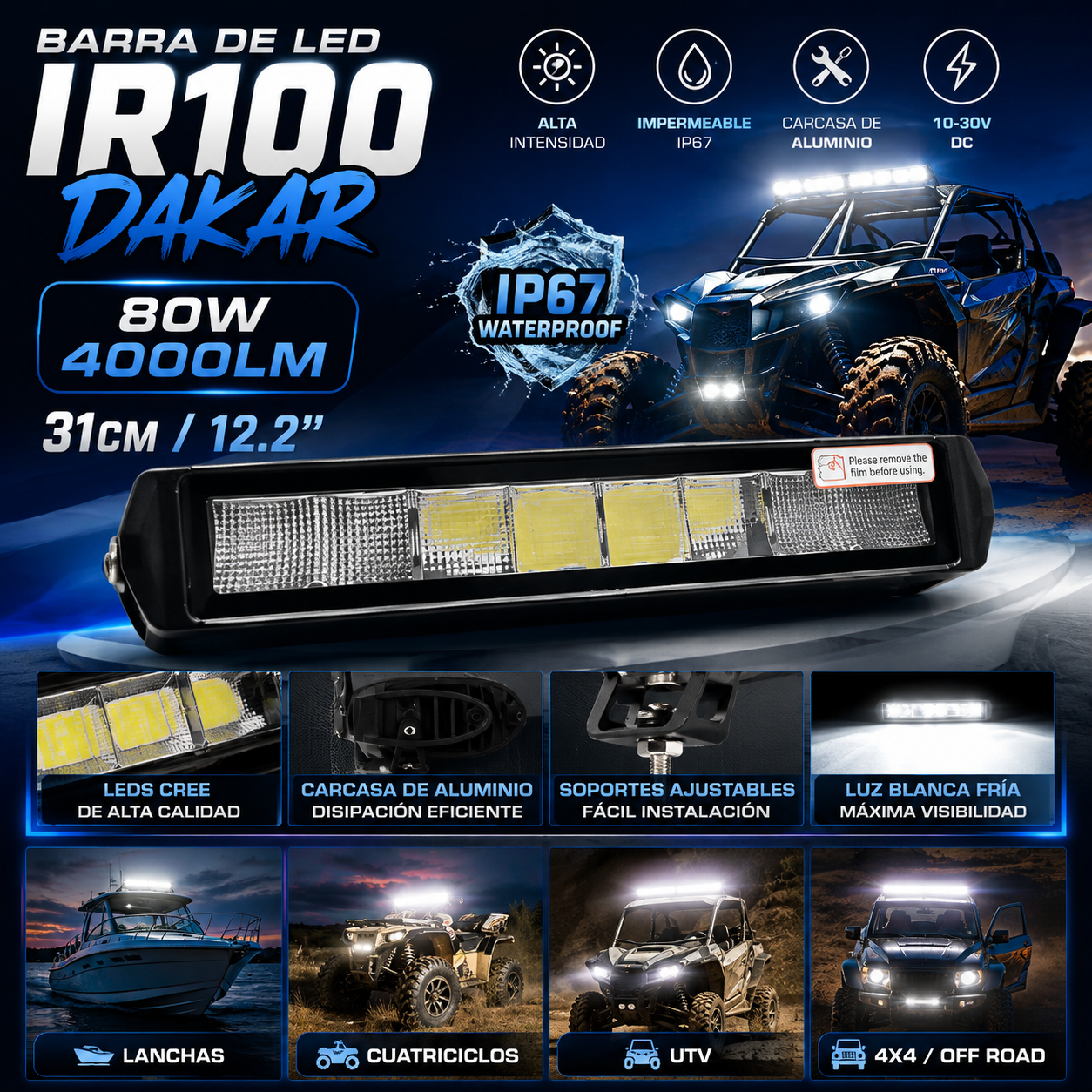 BARRA DE LED HEAVY DUTY 31CM – 80 WATS – 8 CHIP LED
