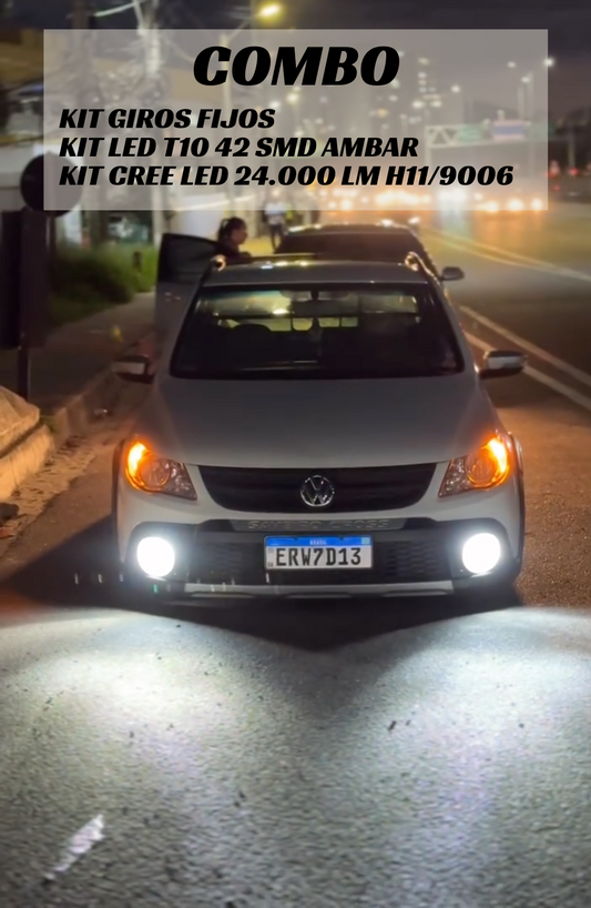 COMBO GIROS FIJOS + PAR T10 ÁMBAR 42 SMD + KIT CREE LED 24.000 LM H11/9006