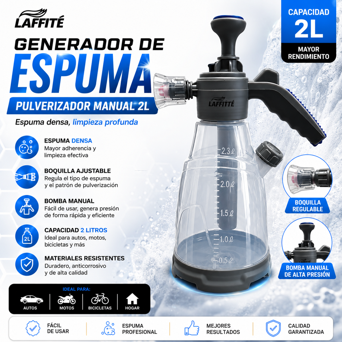 Pulverizador Generarador de Espuma Manual Laffite 2l, Ideal para Lava Autos y Desengrasantes Alcalinos
