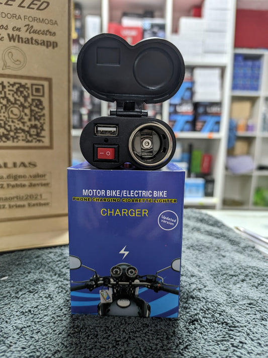 Cargador usb + toma 12v para motos
